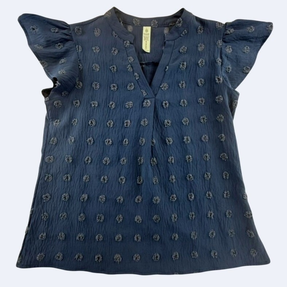 B. Young Teal Blue Swiss Dot Flutter Sleeve Split V-Neck Blouse Dark Academia L